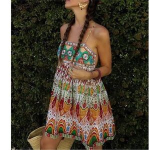 Zara strappy embroidered multi Colorful Bohemian Summer mini  Dress NEW